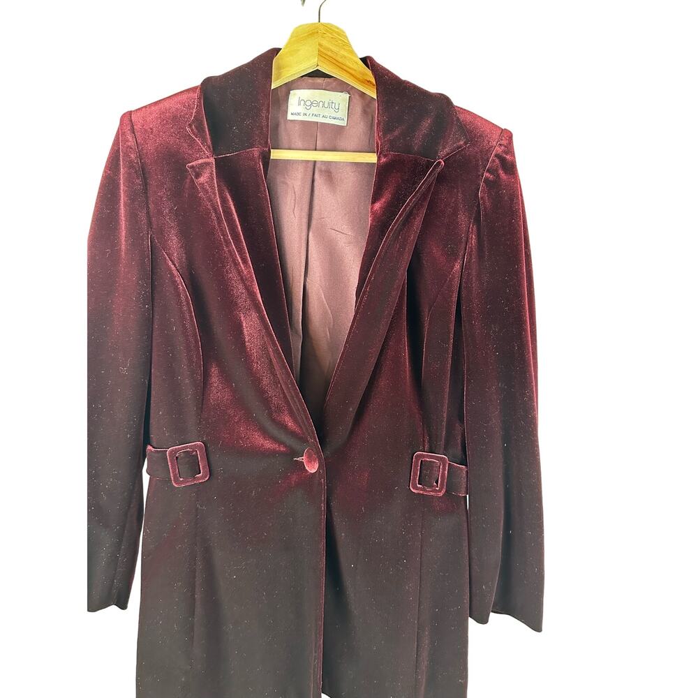 Ingenuity Womens Blazer 4 Burgundy Velvet Long Sleeve Belted Jacket Holiday 90s